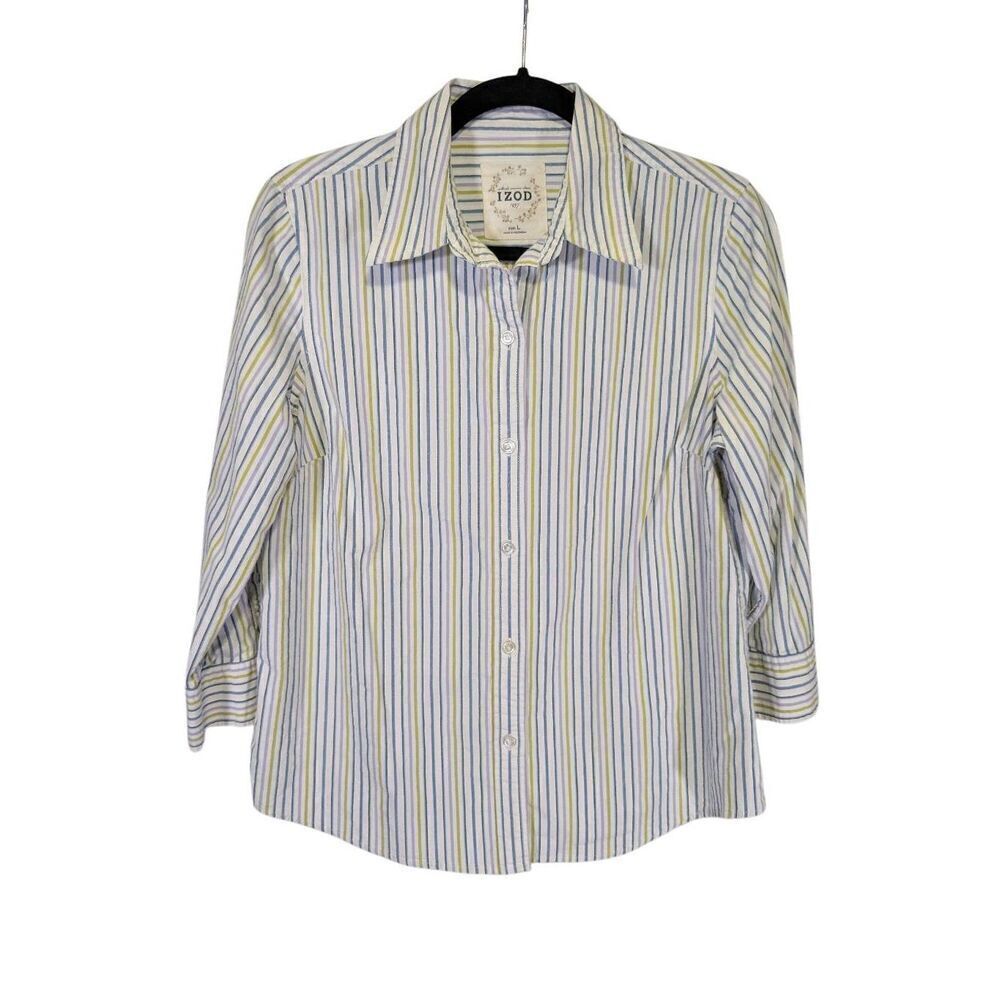 Izod Shirt White Blue Striped Button Up Long Sleeve Collard Cotton Women's Top L